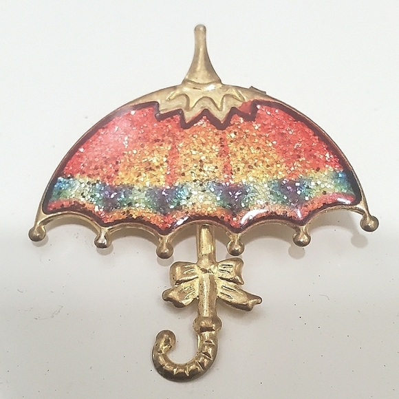 Jewelry - Vintage Gold Tone and Red and Gold Glitter Enamel Umbrella Brooch. 🌴